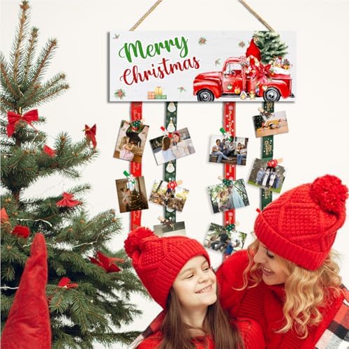 Christmas Card Holder,Christmas Hanging Sign Display,Tree Gift Card Holder,Merry Christmas Wooden Sign Picture Holder with 30 Clips for Xmas Home Party Holiday Wall Decor