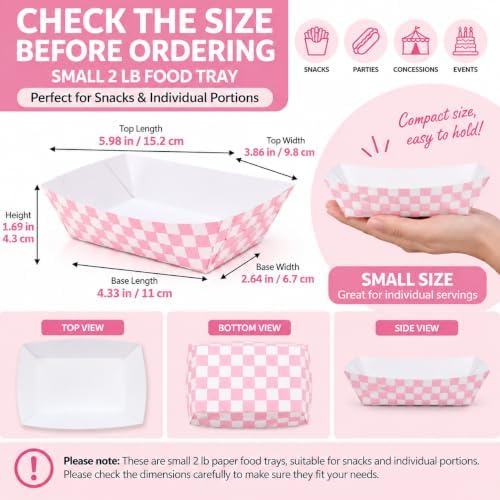 30 Pcs No Folding Required 2lb Gingham Party Supplies Disposable Paper Food Trays for Shower Wedding Tea Party Supplies Nacho Snack (Light Pink)