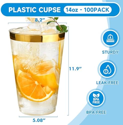 RACETOP 14 oz Disposable Plastic Cups with Gold Rim, 100 Pack