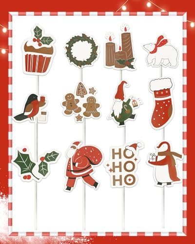 Bake Choice Standard 200 Pcs Christmas Cupcake Liners with 12 Pcs Cupcake Toppers, Christmas Muffin Liners, Baking Cups for Xmas Holiday Party Favors