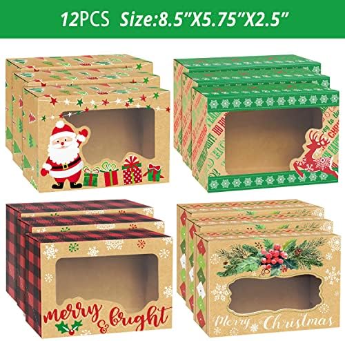 Party Funny 12 Christmas Cookie Boxes -Large Holiday Bakery Food Container for Gift Giving with 80 Count Christmas Foil Gift Stickers