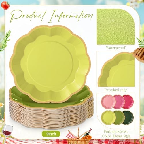 72 Pcs Pink and Green Paper Plates 9 Inch Disposable