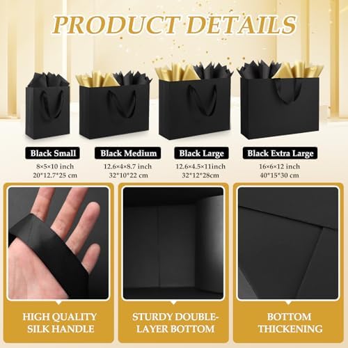 Epoesch Black Small Gift Bags with Handles and Tissue Paper, 4 Pack