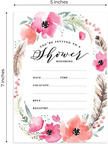 Canopy Street Boho Spirit Fill In The Blank Shower Invitation / 25 Bridal Shower Invitations With White Envelopes / 5" x 7" Flat Boho Baby Shower Invite