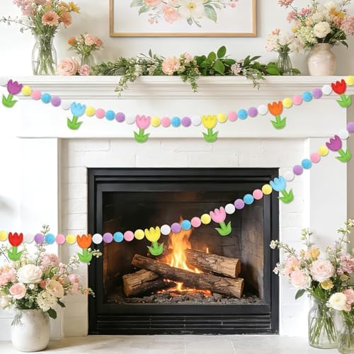 Jansun 8.2 FT 3D Spring Colorful Tulip Floral Felt Pre-Strung Garland
