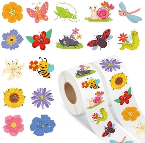 1000Pcs Spring Stickers for Kids, 2 Rolls Summer Flower Butterfly Insect Bugs Self Adhesive Label for Envelope Bottle Decor Seasonal Holiday DIY Crafts Classroom Rewards Party Favors Gifts, 16 Designs