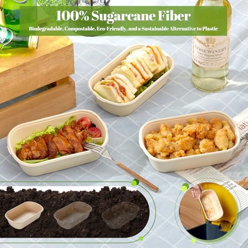 [100% Eco-Friendly] Disposable Food Containers with Lids – Sugarcane Pulp Take Out Boxes, Biodegradable, Compostable, Microwave Safe Lunch Containers – Pack of 50 (24 OZ)