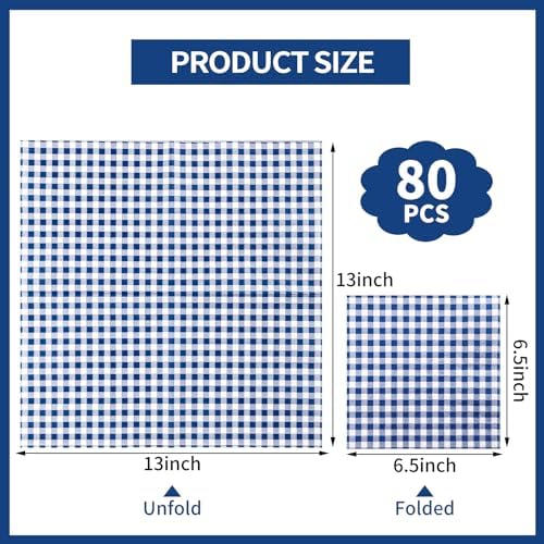 NatNarr 80 Pk Gingham Napkins Navy Blue Napkins Disposable, 6.5"
