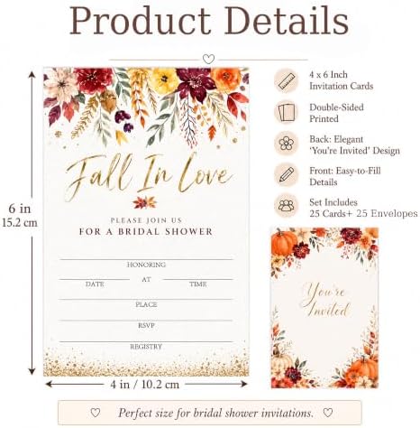 Fall in Love Bridal Shower Invitations, Fill In Style Invites With Envelopes for Fall Wedding Reception, Watercolor Floral Bridal Shower Invitations, Bride To Be Double-Sided Invite Cards, 4 x 6 Inch Set of 25
