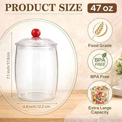 4 Pack 47 oz Clear Plastic Candy Jars with Lids, Large Cookie Storage Containers for Kitchen Counter, Wide Mouth Candy Cookie Canisters for Snacks Treats