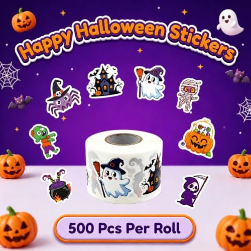 500 PCS Cute Halloween Stickers Roll, 1.5" Die-Cut Cartoon Ghost Pumpkin Zombie Decals, 8 Spooky Self-Adhesive Paper Labels for Teacher Classroom Rewards, Party Favors, Trick or Treat Envelope Seals