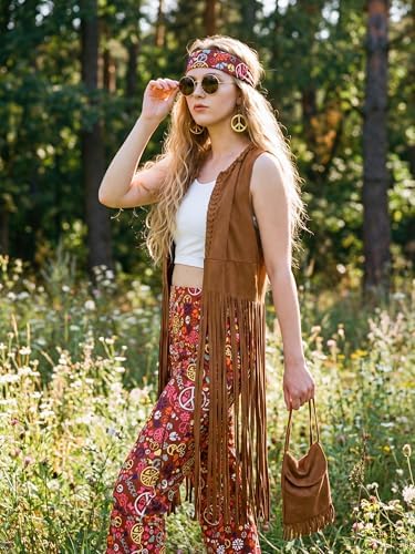 SOMSOC 7 Pieces 60s 70s Women Hippie Costume Fringe Vest Bag Pant Headband for Disco