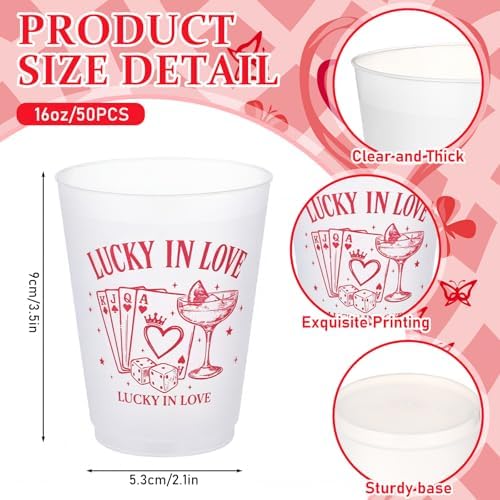 Tioncy 50 Pcs 16oz Lucky in Love Frosted Cups Bachelorette Party Plastic Cup Lucky in Love Plastic Cup, Las Vegas Bachelorette Reusable Bulk for Valentine Party Drink Supplies