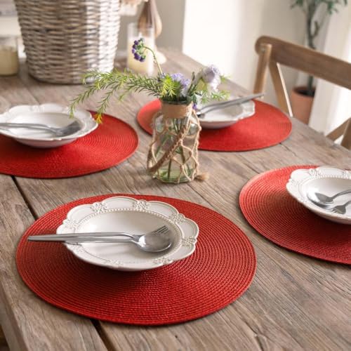 FunWheat Round Braided Placemats Set of 12 Place Mats for Dining Table Woven Washable Non-Slip Table Mats 15 Inch(Red,12pcs)