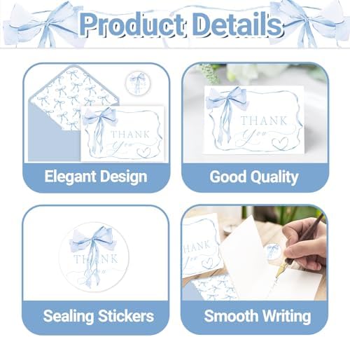 48 Pack Blue Bow Thank You Cards, Bowknot Bridal Shower Greeting Card with Envelopes and Stickers for Birthday Summer Wedding Baby Shower Party Supplies
