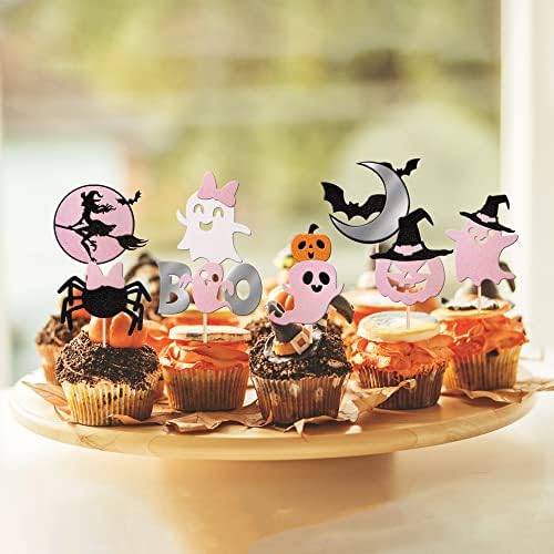 24 PCS Spooky Halloween Cupcake Toppers Pink Glitter Bat Pumpkin Spider Witch Ghost Boo Spooky Cupcake Picks for Halloween Theme Baby Shower Kids Birthday Party Cake Decorations Supplies