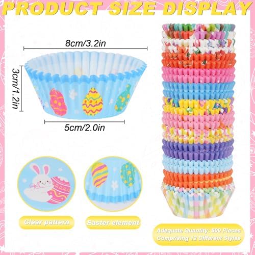 600 Pack Easter Cupcake Liners Baking Cups Standard Size Muffin Liners for Easter Spring Birthday Party Candy Cake Decorations Supplies(12 Styles)