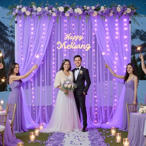 Purple Sheer Backdrop Curtains with Lights String for Baby Shower Girls 2 Panels 5×8ft Tulle Backdrop Curtain for Wedding Bridal Shower Elephant Birthday Party Photo Shoot Background Decorations