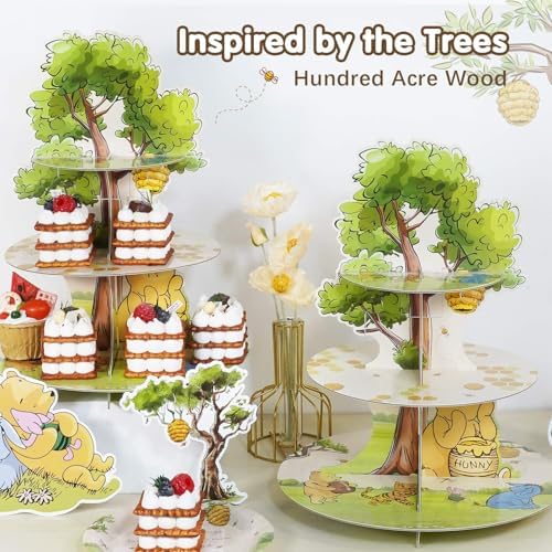 Winnie Cupcake Stand, 3-Tier Cardboard Cupcake Holder for Classic Winnie Bear Baby Shower Birthday Cupcake Decorations