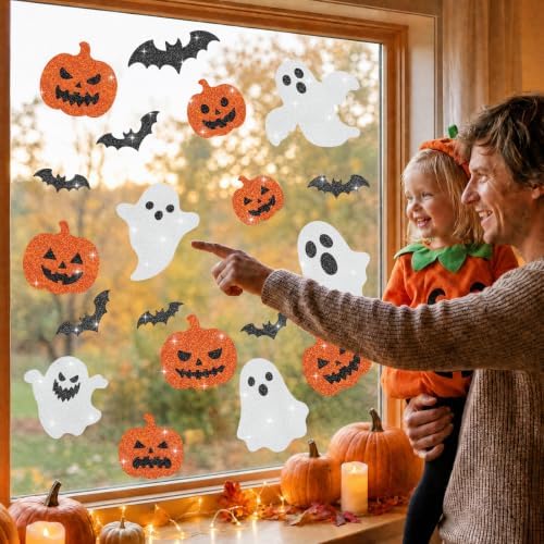 Glitter Halloween Window Clings Decor, Cute Ghost Pumpkin Stickers Decals