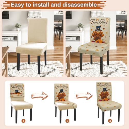 Thanksgiving Chair Covers Set of 4 Cute Turkey Stretch Parsons Slipcovers