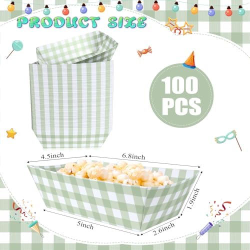 100 Pcs Sage Gingham Paper Food Trays, Pre-Folded Light Green Checkered Disposable Food Boats for Hot Dogs, Fries, Nachos, Snacks, Carnival, Picnic, Baby Shower, Rustic Wedding, BBQ Party Supplies