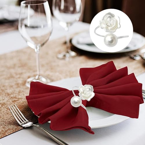 Silver Valentine's Day Napkin Rings Set of 6, Metal Rose Pearl Valentine's Day Napkin Holders Holiday Mother's Day Wedding Table Decorations Party Supplies