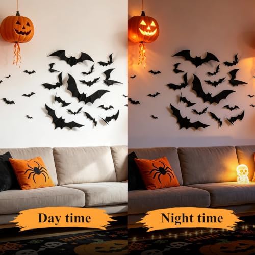 28 PCS Bats Wall Halloween Decorations, Realistic 3D Scary Bats Wall Stickers for Home, DIY PVC Window Stickers Halloween Party Supplies Indoor