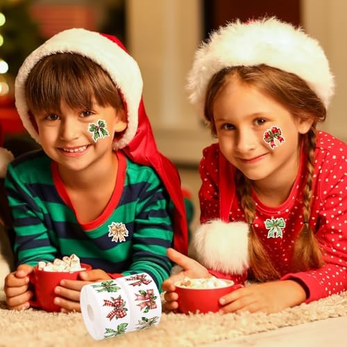 Whaline 1000 Pcs Christmas Bow Stickers Roll Xmas Holly Berry Bowknot Self-Adhesive Decals for Scrapbook Journal Envelope Holiday Decor, 12 Designs