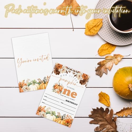 1st Birthday Party Invitation - Set Of 20 Fall Leaves & Pumpkin Pumpkin Invite Cards With Envelopes - Autumn Birthday Invitation Cards For Boys Girls - Thanksgiving Birthday Party Supplies Decor-A09