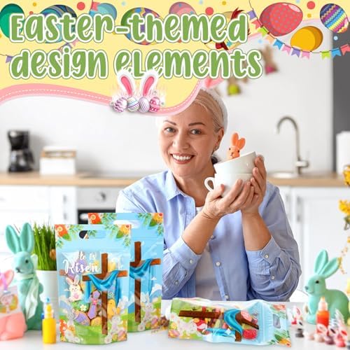 Engrowtic 50 Pcs Easter Treat Bags Reusable Easter Zipper Bags He Is Risen Plastic Gift Bag with Cross Bunny Holiday Bag with Handles for Spring Party Favor Wrapping Supplies