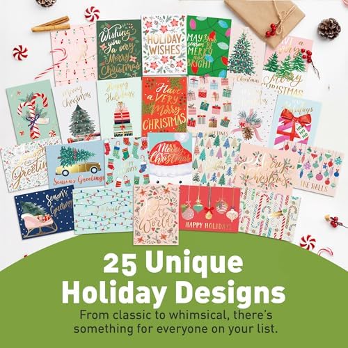 Sweetzer & Orange Boxed Christmas Cards Set – 100 Holiday Cards with Envelopes & Sealing Stickers – 25 Unique Designs with Gold Foil & Short Greetings – Bulk Assorted Christmas Greeting Cards