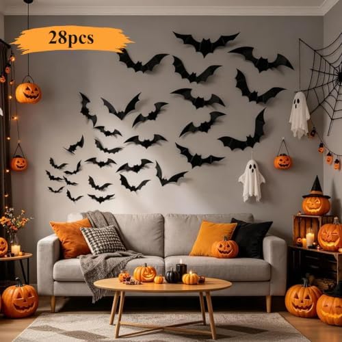 28 PCS Bats Wall Halloween Decorations, Realistic 3D Scary Bats Wall Stickers for Home, DIY PVC Window Stickers Halloween Party Supplies Indoor