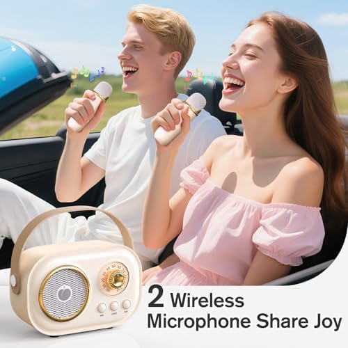 Mini Karaoke Machine,White Elephant Gifts,Stocking Stuffers for Teen,Christmas Gifts for 3-12+ Years Old, Portable Bluetooth Speaker with Wireless Microphone for Kids Boys Girls-Beige