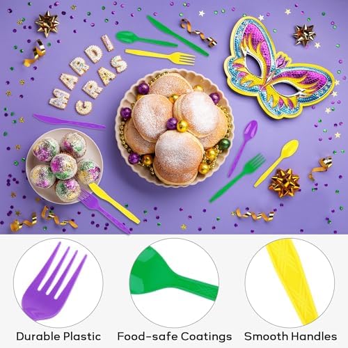 Kochorie 90 Pieces Mardi Gras Plastic Cutlery Set, Purple Yellow Green