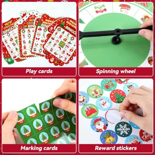 Christmas Bingo Game Cards for Adults 24 Players Christmas Party Bingo Games Winter Holiday Bingo Cards with Turntable Reward Stickers for Party Activities Home Family Party Game