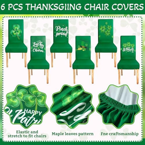 Mindsoft 6 Pcs St. Patrick's Day Chair Covers Green Clover Dining Protector Removable Seat Covers Washable Stretch Spring Slipcovers for Hotel Restaurant Party Wedding Holiday Decor