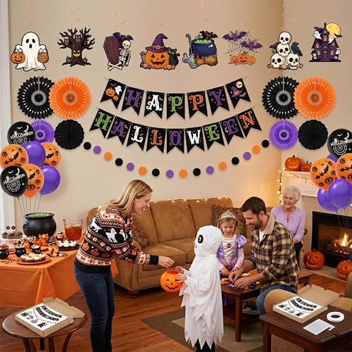 36 Pcs Halloween Party Decorations Indoor, Orange Purple Black Happy Halloween Banner Paper Fans Swirls and Printed Balloons, Spooky Room Wall Decor Supplies