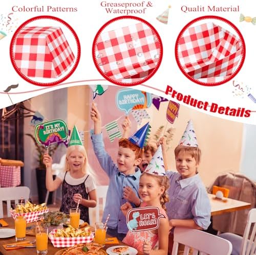 100 Pcs Red Gingham Paper Food Trays, Pre-Folded Red Checkered Disposable Food Boats for Hot Dogs, Fries, Nachos, Snacks, Carnival, Picnic, Baby Shower, Rustic Wedding, BBQ Party Supplies