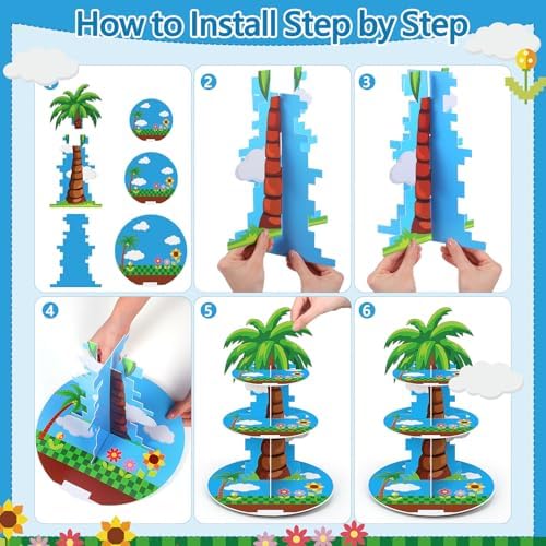 Blue Cupcake Stand Cartoon Themed Birthday Party Decorations 3 Tier Palm Tree Dessert Cake Toppers Stand Decorations Cupcake Holder Tower for Video Games Party Supplies Pixel Baby Shower