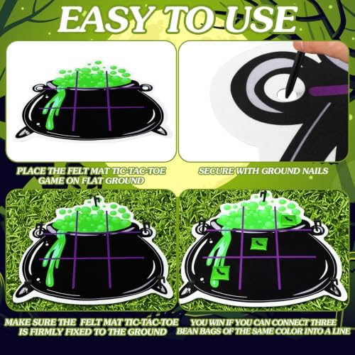 Hollowfly Halloween Tic Tac Toe Bean Bag Game Bubbling Cauldron Party Favors Bean Pillow Cushion Family Night Halloween Activities 1 Pot Felt Mat 10 Bats and Ghosts Bags for Outdoor Yard Background