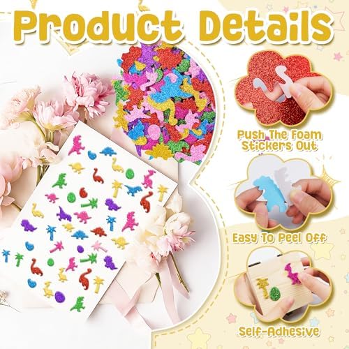Foam Stickers, 581 PCS 3D Glitter Foam Dinosaur Stickers, 7 Colors