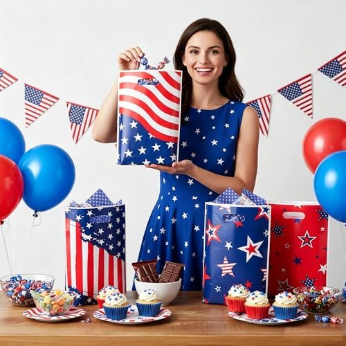 4th of July Treat Bags, 50PCS 4th of July Gift Bags with Handles, Plastic Red White and Blue Patriotic Star Cookie Goodie Candy Party Favor Bag for Independence Day Party Decoration Supplies, 6.7"x10"