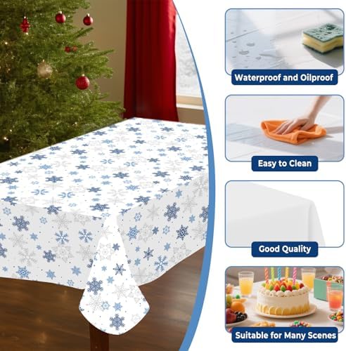 8 Pack Christmas Blue Snowflake Plastic Tablecloth 54" x 108" Disposable Christmas Table Cloths for 6 to 8 Foot Tables Rectangle Table Cover for Parties (Blue Snowflake, Rectangle)