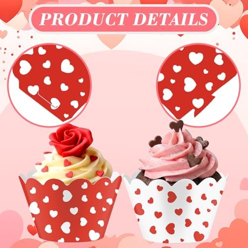 Domensi 100 Pcs Red Heart Cupcake Wrappers Rustic Cupcake Liners Red and White Baking Cups Baking Liners for Mother's Day Wedding Bridal Baby Shower Birthday Tea Party Supplies Dessert Decorations