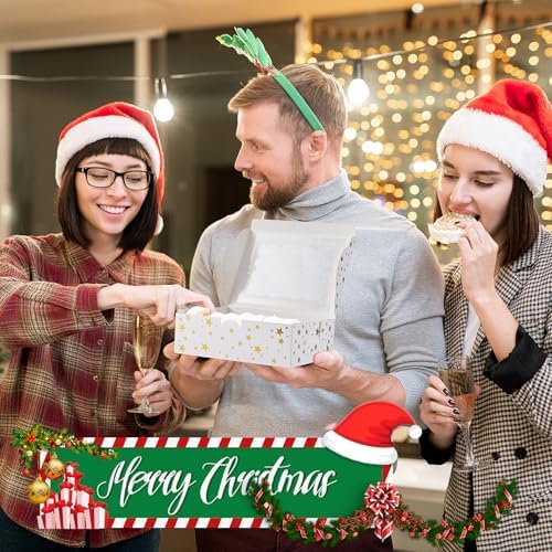 32Pcs 8x6x2.5 in Christmas Cookie Boxes with Window, White Gold-Star