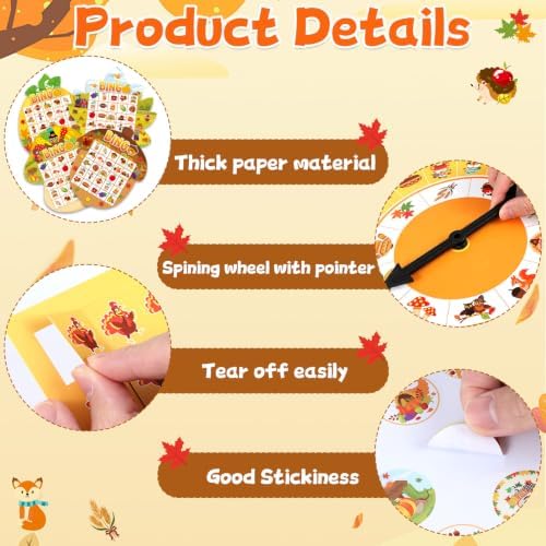 Thanksgiving Bingo Game Cards for Adults 24 Player Fall Harvest Bingo Cards with Turntable Stickers Thanksgiving Autumn Games Set for Party Activities Home Family Party Game