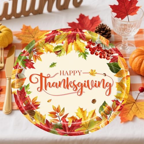 24pcs Thanksgiving Paper Plates Fall Party Supplies Disposable Dinnerware Tableware Maple Leaf-themed paper plates for Thanksgiving Dinner Party 9 in