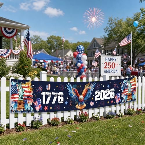 250th Anniversary America Banner, 1776-2026 USA 250 Years Patriotic Potio Banner, 4th of July Memorial Day Eagle Flag for Home Indoor Outdoor Party Decor Supplies