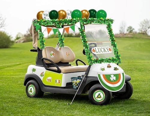 33Pcs St Patricks Day Golf Cart Parade Decorations Kit - Green Bunting Burlap Flag Tinsel Garlands Banner Balloons for Irish Float Party Decor